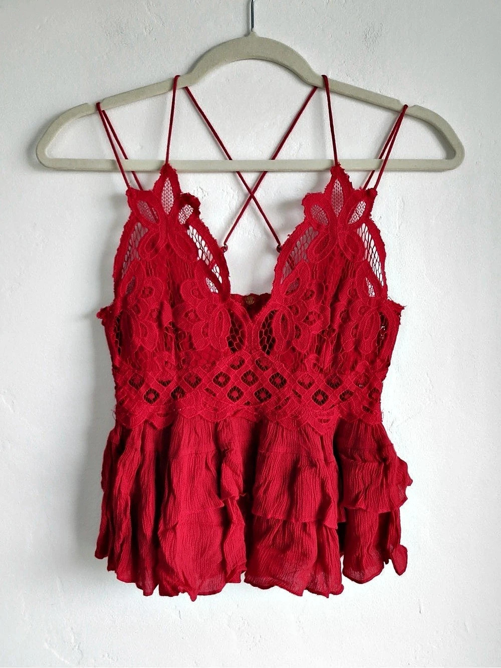 Free People FP One Adella Cami Red Lace Strappy Camisole Size Small